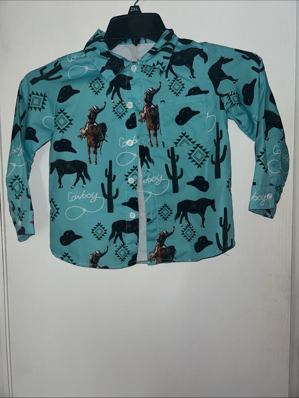 Turquoise Western Cowboy Print Button-Up Shirt